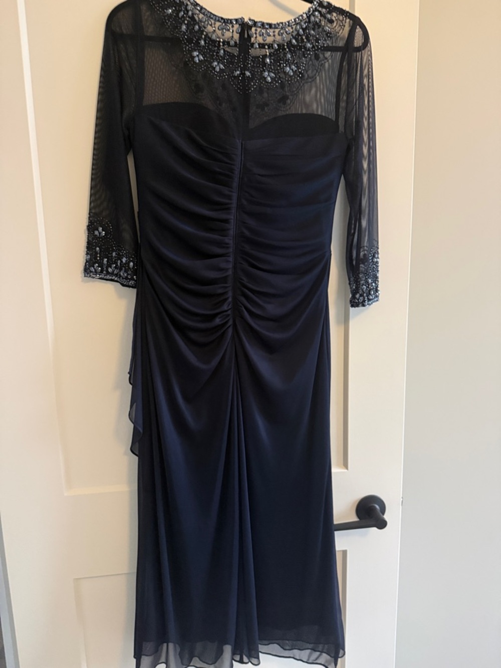 Alex Evenings Navy Beaded Mesh Midi Dress with Sheer Sleeves - Picture 4 of 5